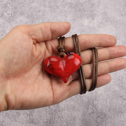 Leather Necklace for Women Long Boho Pendant Hippie Choker Necklace Bohemian Layered Leather Rope Wooden Jewelry Gifts - style: Red Heart Necklace