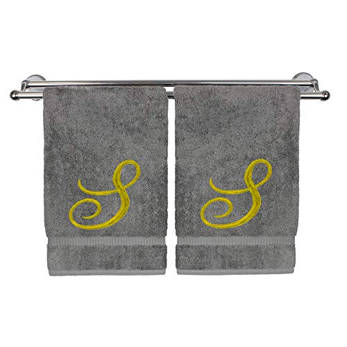 Monogrammed Hand Towel, Personalized Gift, 16 x 30 Inches - Set of 2 - Gold Embroidered Towel - Extra Absorbent 100% Turkish Cotton - Soft Terry Finish - for Bathroom, Kitchen and Spa - Script S Gray - color: Gold on Gray, style: Initial S