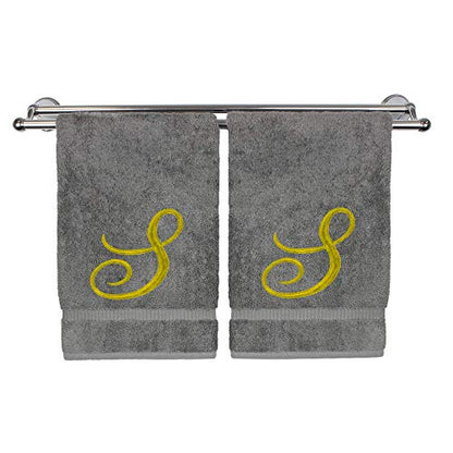 Monogrammed Hand Towel, Personalized Gift, 16 x 30 Inches - Set of 2 - Gold Embroidered Towel - Extra Absorbent 100% Turkish Cotton - Soft Terry Finish - for Bathroom, Kitchen and Spa - Script S Gray - color: Gold on Gray, style: Initial S