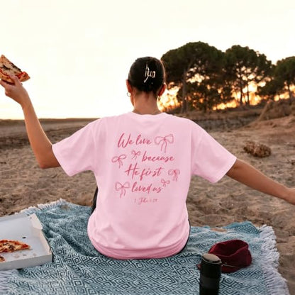 Christian Faith Bow Shirts for Women Cute Coquette Shirt Jesus Religious Tshirts Bible Verse Oversized Graphic Tee - color: Pink, size: XX-Large