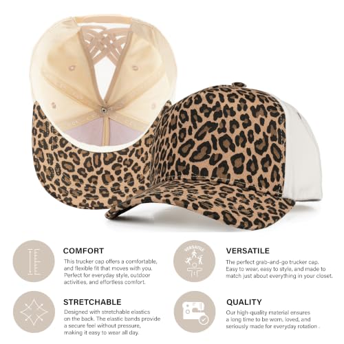 C.C Women's Criss-Cross Ponytail Trucker Hat - Snapback, One Size - color: Leopard-camel(mama)