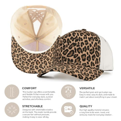 C.C Women's Criss-Cross Ponytail Trucker Hat - Snapback, One Size - color: Leopard-camel(mama)