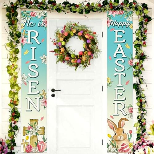 Happy Easter Bunny Rabbit Christian Porch Banner Sign, Hanging Blue Front Door Welcome Banner Flag Religious Cross He is Risen Sign Easter Decor for Home Office Farmhouse Holiday Decor - color: colours-2