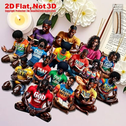 16Pcs AdornJoy African American Christian Men Wooden Ornaments, 2D Flat Faith Bible Quote Black Man Hanging Decor, Religious Scripture Pendant for Home, Yard & Holiday Decor, Christian Gift