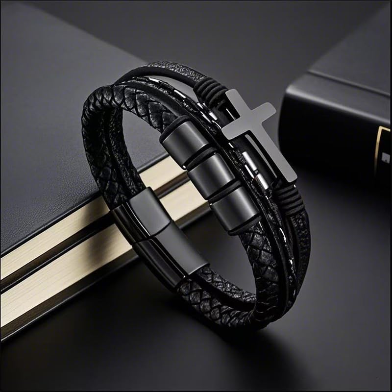 Multi-Layer Braided Leather Bracelets Mens Cross Leather Bracelet Wristband Religious Leather Bracelets Men Customized Gifts - color: black, size: 9