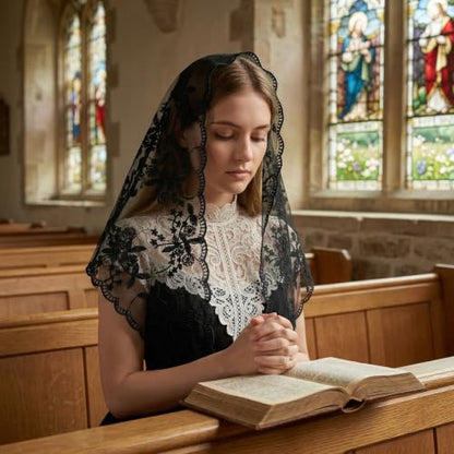Lystaii Triangle Lace Mantilla Veil Catholic Chapel Head Covering Scarf - color: Black