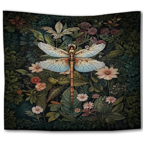 Foritho Dark Green Dragonfly Floral Botanical Tapestry, Vintage William Morris Dragonfly Tapestry Wall Hanging, Cottagecore Flower Wall Tapestries for Bedroom Home Decor, 50x60 Inch - color: Color 01