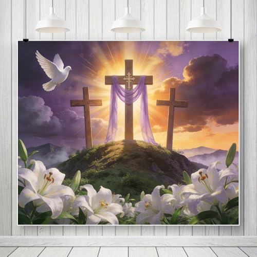 Easter He is Risen Backdrop 10x10ft Cross Holy Lights Religious Easter Photo Backdrops for Photography Christian Resurrection Sunday Holy Week Large Banners for Church Decorations Background - color: Purple, size: 10x10ft