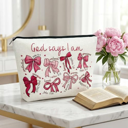 1 Pcs bow makeup bag inscribed with God Says I Am... and Bible verses a faith filled Christian inspirational gift for women 9.84x6.93x2.36 (Bow A) - color: Bow A