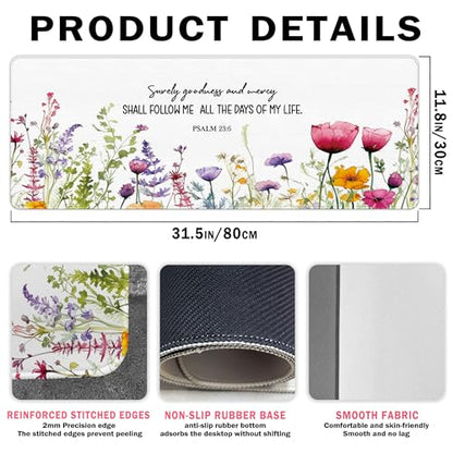 Flroal Christian Desk Mat, Bible Verses Large Mouse Pad 31.5x11.8 - color: Christian Surely Goodness and Mercy, size: 31.5L x 11.8W inches