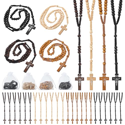60 Set Wooden Rosary Beads Bulk Wood Catholic Rosaries with Jesus Holy Cross First Communion Wood Carved Rosary with Organza Bags Religious Rosary Catholic Baptism Church Present for Men Women