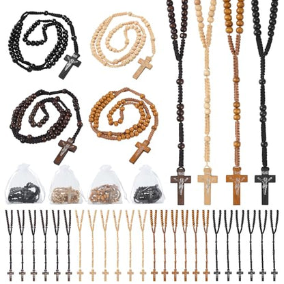 60 Set Wooden Rosary Beads Bulk Wood Catholic Rosaries with Jesus Holy Cross First Communion Wood Carved Rosary with Organza Bags Religious Rosary Catholic Baptism Church Present for Men Women