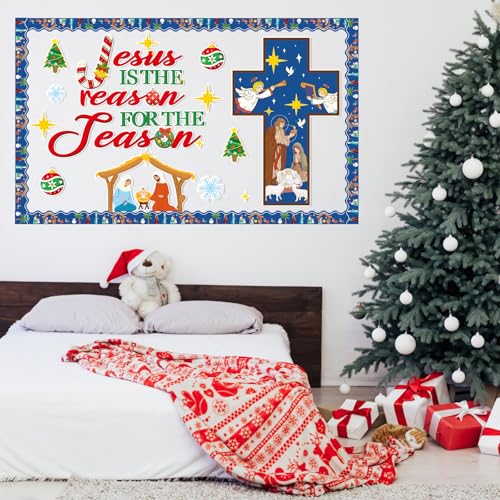 Christian Bulletin Board Decorations Jesus is The Reason for The Season Classroom Cutouts Christmas Nativity Religious Paper Decors for Xmas Holiday Sunday Church Chalkboard Wall Decor Supplies - style: Jesus is The Reason