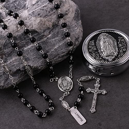 HanlinCC Guadalupe Catholic Rosary Glass Pearl Beads Necklace with Gift Box - color: Guadalupe Rosary Black