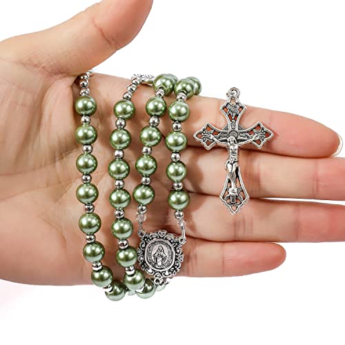 Nazareth Store Pearl Beads Rosary Miraculous Prayer Necklace Strong Metal Mystery Beaded Rosary for Men & Women - color: Green