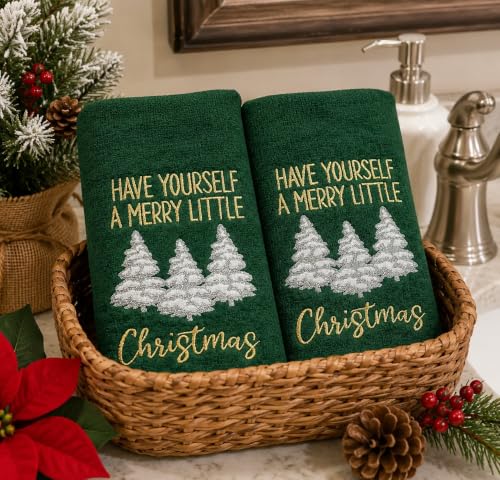 Christmas Green Guest Hand Bathroom Towels Merry Little XMas Trees, 16x26" - color: Little Christmas