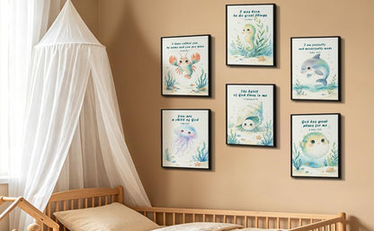 6Pcs Watercolor Sea Animal Bible Verse Nursery Unframed Wall Art Print Set - color: Lobster Shell