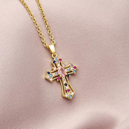 Exquisite Stainless Steel Cross Necklaces,A Perfect Blend of Gothic Style and Christian Faith, Suitable for Men and Women, Fashionable Accessories, Hypoallergenic Material - color: Colorful