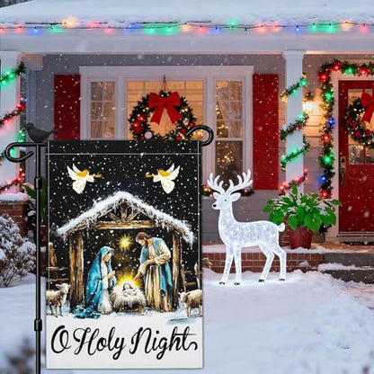 Christmas Oh Holy Night Jesus Nativity Scene Garden Flag Christian Jesus Yard Signs Garden Flags for Outside 12x18 Double Sided Christmas Vacation Outdoor Decorations