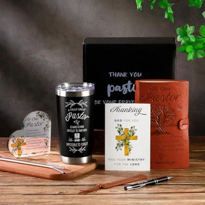 Pastor Gifts, Pastors Appreciation Gifts 7pcs Set For Men, 20oz Tumbler Leather Journal Cards Signs Pen Bookmark for Christian Christmas Birthday Retirement Anniversary - style: Pastor