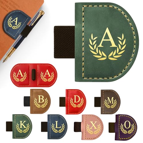 Personalized Leather Magnetic Bookmark with Pen Holder, Custom Bygone Mark Bookmark with Pen Holder, Custom Bookmarks with 26 Letters for Reading Women, Men, Teachers, Book Lovers?Green?A? - color: Green