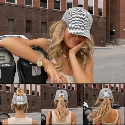 C.C Women's Criss-Cross Ponytail Trucker Hat - Snapback, One Size - color: Cotton Stripe-black