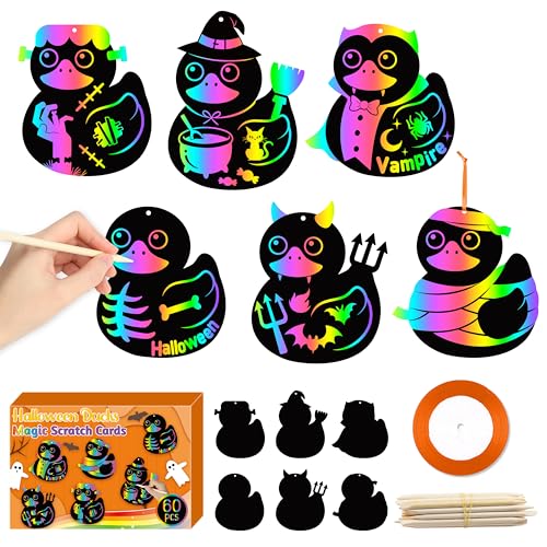 CY2CSIDE Halloween Ducks Scratch Cards - 60PCS Halloween Duckies Ornament Scratch Card Gift Set for Kids DIY Duck Magic Arty Rainbow Color Craft Scratch Kit for Kids School Party Activity Party Favors - style: Halloween Duck