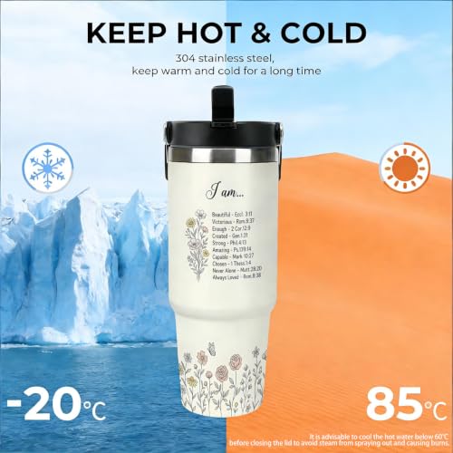 30 oz Christian Travel Mug with Handle and Straw, Aesthetic Wildflower Stainless Steel Vacuum Insulated Tumbler, Water Bottle, Inspirational Gifts for Women - color: christian travel mug