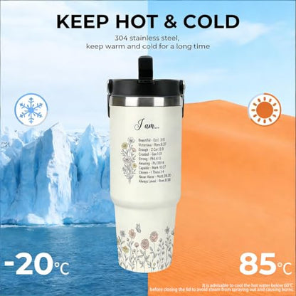 30 oz Christian Travel Mug with Handle and Straw, Aesthetic Wildflower Stainless Steel Vacuum Insulated Tumbler, Water Bottle, Inspirational Gifts for Women - color: christian travel mug