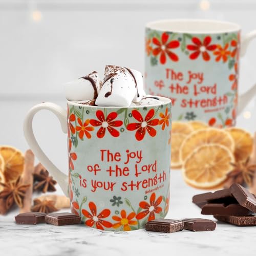 Christian Coffee Mug with Gift Box, 12 oz Ceramic, with Bible Verse - color: Green / Joy