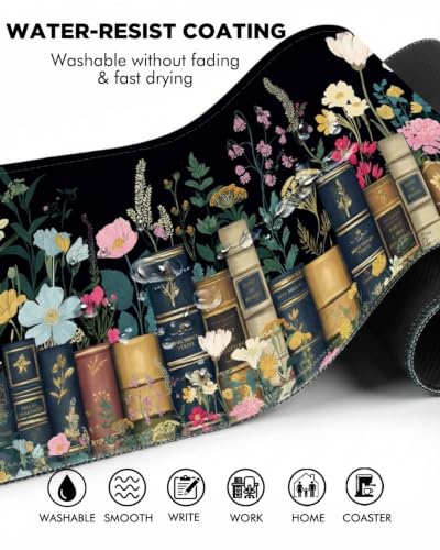 Mouse Pad, Desk Mat, 31.5x11.8in Large Mousepad, Books & Flowers - color: Books & Flowers