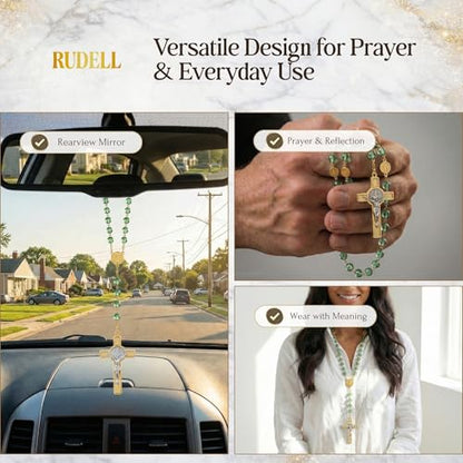 RUDELL Rosary Beads Catholic for Women - Rosary Necklace for Women with Pearl Beads - Medal Cross Saint Benedict Rosary for Men - Prayer Rosarios Catolicos Jewelry Gift - color: Green
