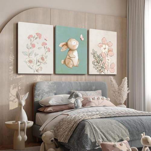 Framed Nursery Wall Art Set of 3 Pink Flower Botanical Pictures 12x16 In - color: Bunny(Canvas), size: 16"L x 12"W