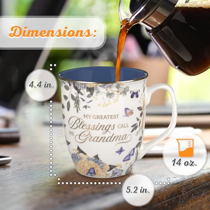 Christian Art Gifts Large Ceramic Coffee Scripture Mug for Grandmothers - color: White & Deep Blue Floral/Grandma