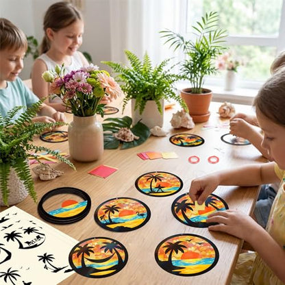 Renbuzhu 48PCS Summer Crafts: Paper Tropical Palm Tree Suncatchers DIY Kits, Window Stained Glass Effect Art Supplies for Hawaiian Luau Tiki Beach Party Favors - style: palm tree