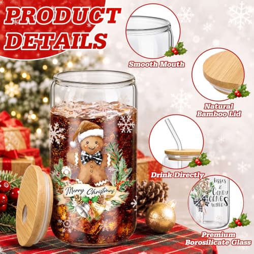 Teenyyou 12 Sets of Christmas Glasses Cups with Bamboo Lid and Glass Straw 16 oz Christmas Stripes Glass Jar Winter Drinking Cups Santa Snowman Elk Coffee Cup for Women Men Xmas Holiday Party Gifts - style: Wood Stripes