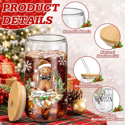 Teenyyou 12 Sets of Christmas Glasses Cups with Bamboo Lid and Glass Straw 16 oz Christmas Stripes Glass Jar Winter Drinking Cups Santa Snowman Elk Coffee Cup for Women Men Xmas Holiday Party Gifts - style: Wood Stripes