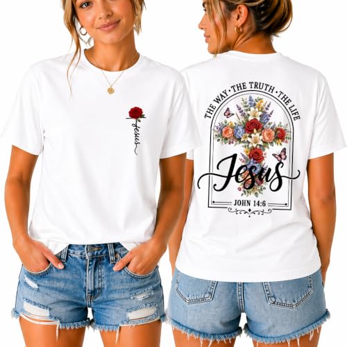 Jesus Shirt for Women The Way The Truth The Life Christian Floral Cross Tee - color: White, size: XX-Large