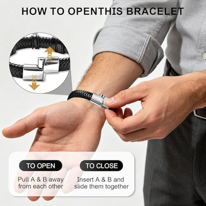 Black Leather Cross Bracelet for Men, Braided, Stainless Steel, 7.9in