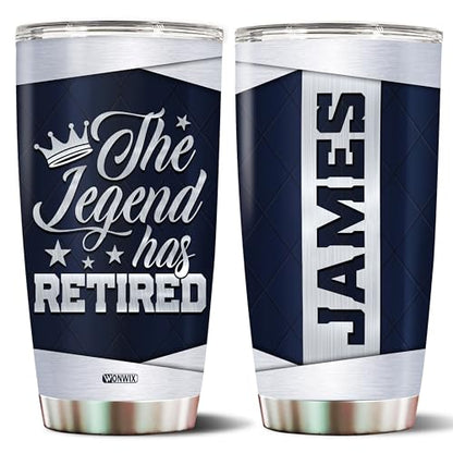 Personalized Retirement Tumbler Gifts for Women Men The Legend Has Retired Travel Cup Coffee Mug Gift for Coworkers Office Him Her Stainless Steel 20oz With Lid - color: RETIRE