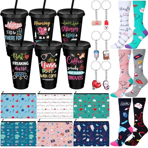 Funnymoom 24 Pcs Back to School Nurse Gifts for Women Bulk 24 oz Nursing Practitioner Plastic Tumbler Cup Nursing Makeup Cosmetic Bag Crew Sock Keychain for School Teacher Student - style: Nurse