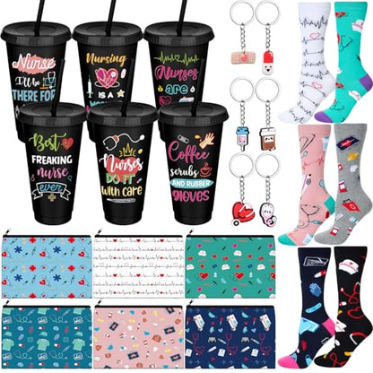 Funnymoom 24 Pcs Back to School Nurse Gifts for Women Bulk 24 oz Nursing Practitioner Plastic Tumbler Cup Nursing Makeup Cosmetic Bag Crew Sock Keychain for School Teacher Student - style: Nurse