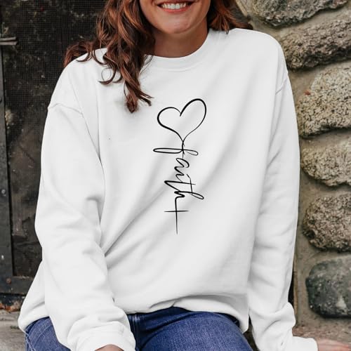 KIEKIECOO Faith Christian Sweatshirts for Women Religious Crewneck Sweatshirt Letter Print Fall Pullover Long Sleeve Tops - color: White, size: Medium