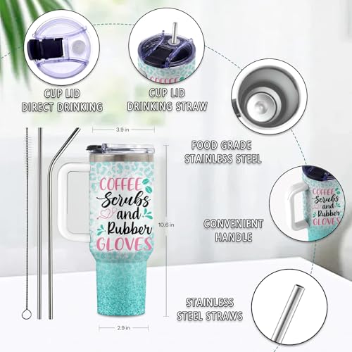 Nurse Gifts 40oz Tumbler, with Handle Straw, Stainless Steel Cup - color: Nurse Green