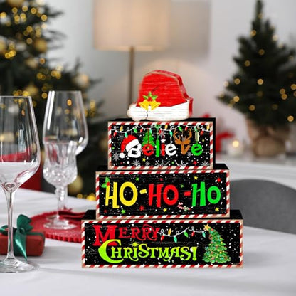 Britimes Tiered Tray Decor Set, 4 Pack, Wooden Table Sign, Christmas Santa - style: Santa Hat Decor