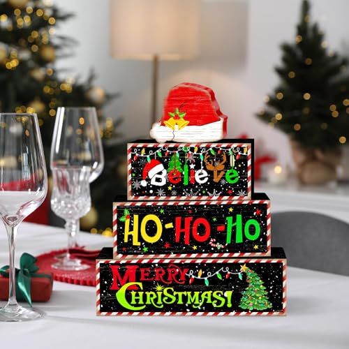 Britimes Tiered Tray Decor Set, 4 Pack, Wooden Table Sign, Christmas Santa - style: Santa Hat Decor