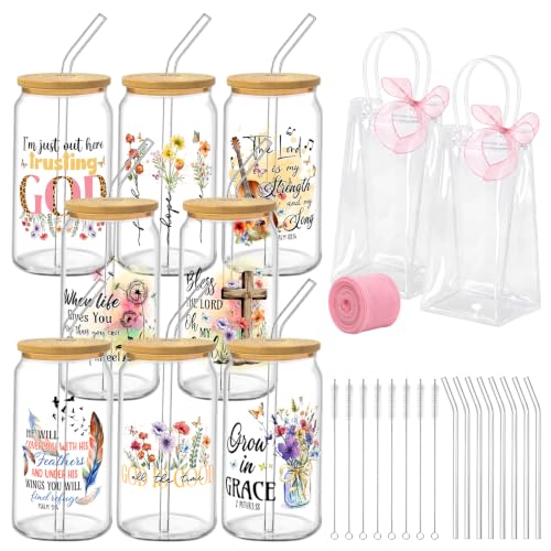 Iced Coffee Mugs, 8 Sets, Glass, 16 oz, Reusable, Christian Boho - color: Christian Faith