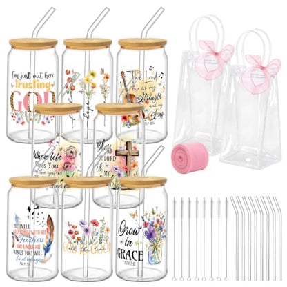 Iced Coffee Mugs, 8 Sets, Glass, 16 oz, Reusable, Christian Boho - color: Christian Faith