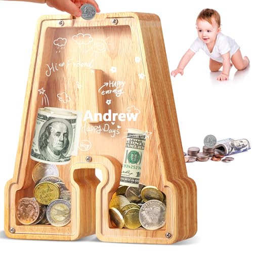 UBeesize Letter Piggy Banks for Boys Girls, Wooden Personalized Bills and Coins Bank Money Box,DIY Name Birthday Gift for Kids,Bedroom Living Room Decoration(A) - color: A, size: 9 inches