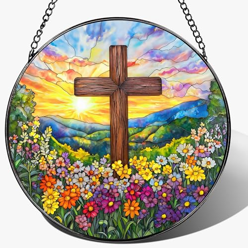 8'' Religious Cross Ornament, Stained Glass Window Hanging, Sun Catcher Window Decor, Christian Holiday Decor, Cross Gifts, Baptism Gifts, Religious Gift, Christian Gift - color: Cross-f